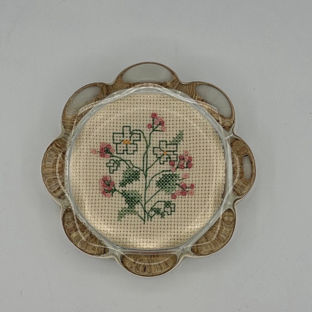 VTG Scalloped Glass Hand Cross Stitched Flower Paperweight Cottagecore